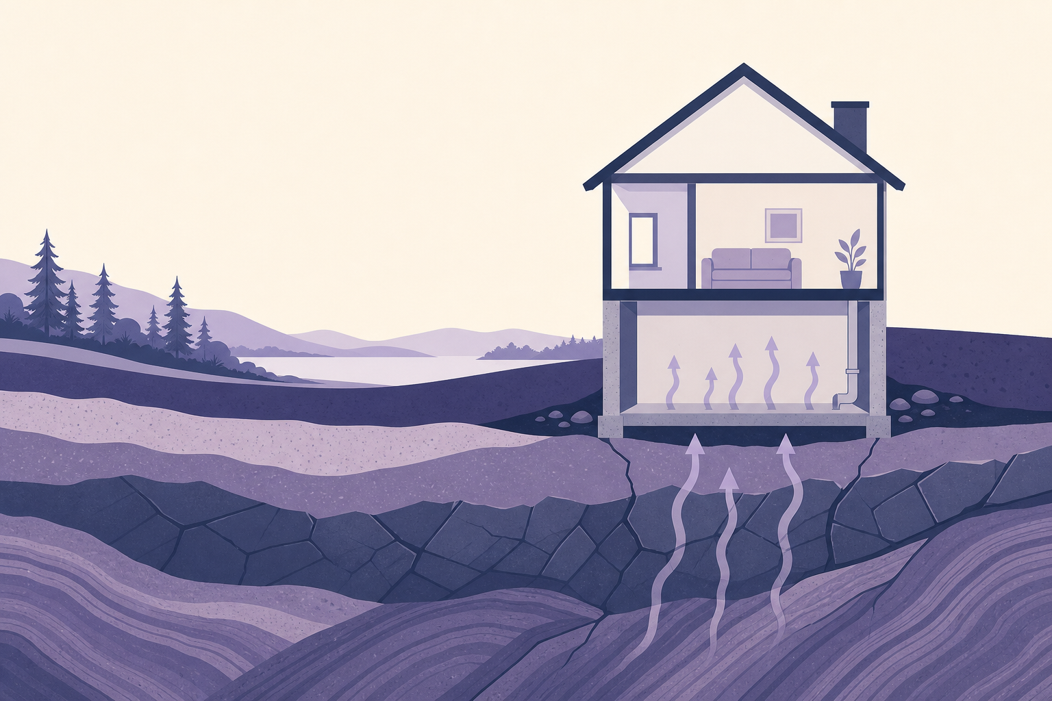 Illustration of rock layers and a house foundation